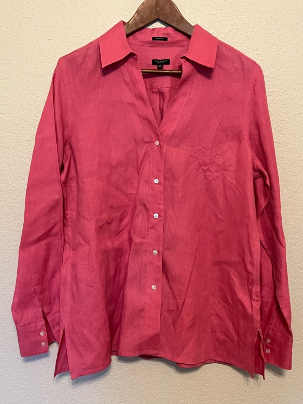 Talbots Bright Rose Pink Pure Irish Linen Button-Front Shirt Size 14